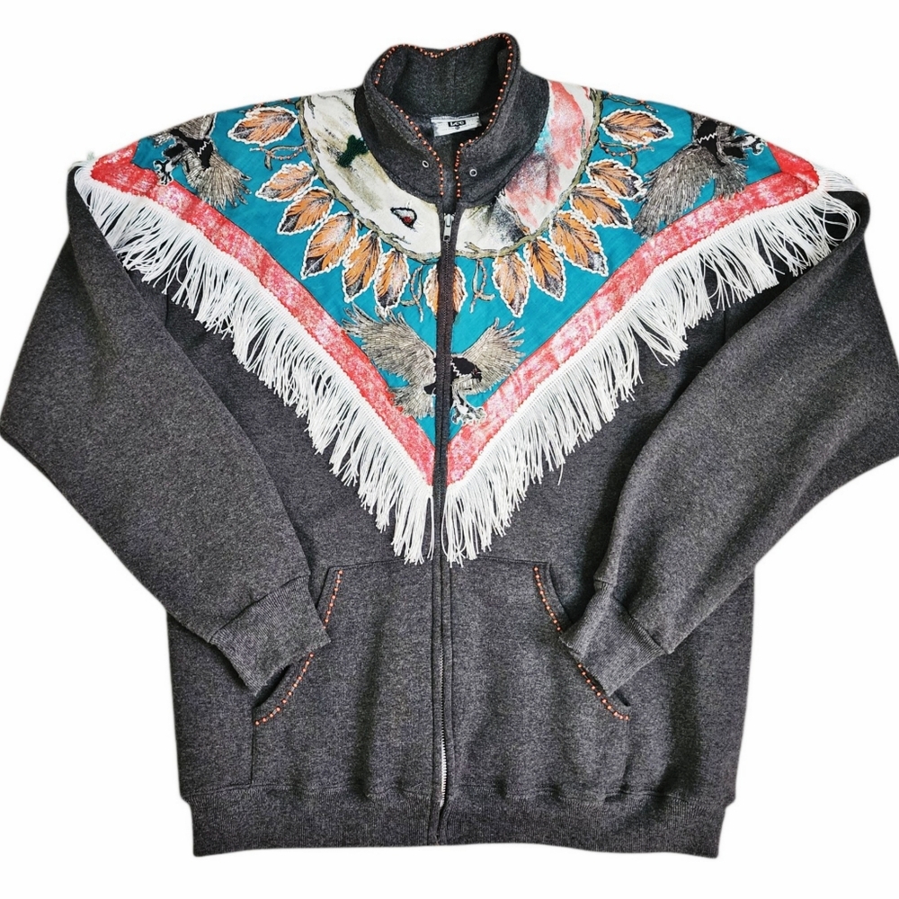 VINTAGE Handpainted Beaded Zip Sweatshirt Aztc Southwest Eagle Fringe Artsy  XL